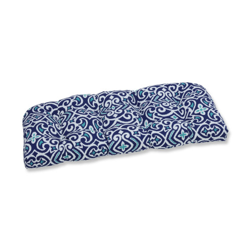 Damask Tufted Outdoor Patio Wicker Loveseat Cushion - 44" - Cobalt Blue and White - IMAGE 1