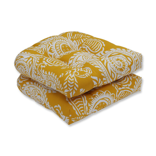 Set of 2 Yellow and White Tufted Paisley Swirl Outdoor Patio Rounded Seat Cushion 19" - IMAGE 1