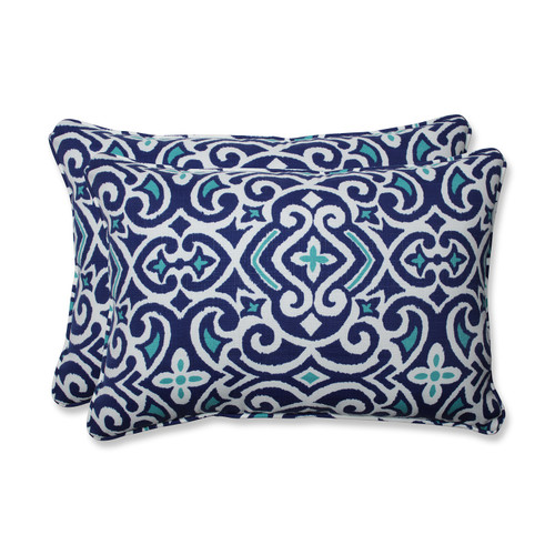 Damask Outdoor Rectangular Corded Throw Pillows - 24.5" - Marine Blue - Set of 2 - IMAGE 1
