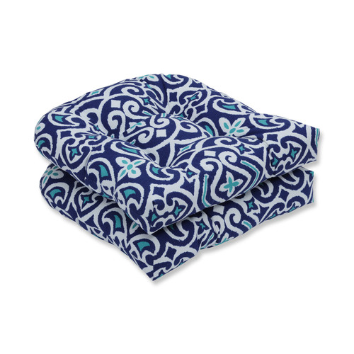 Damask Reversible Outdoor Wicker Chair Cushions - 19" - Blue and White - Set of 2 - IMAGE 1
