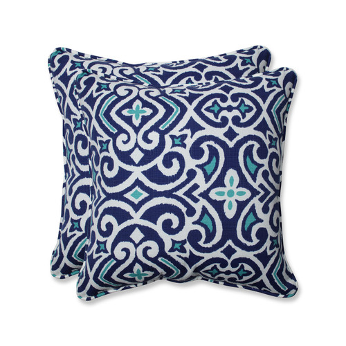 Damask Square Corded Throw Pillows - 18.5" - Marine Blue and White - Set of 2 - IMAGE 1