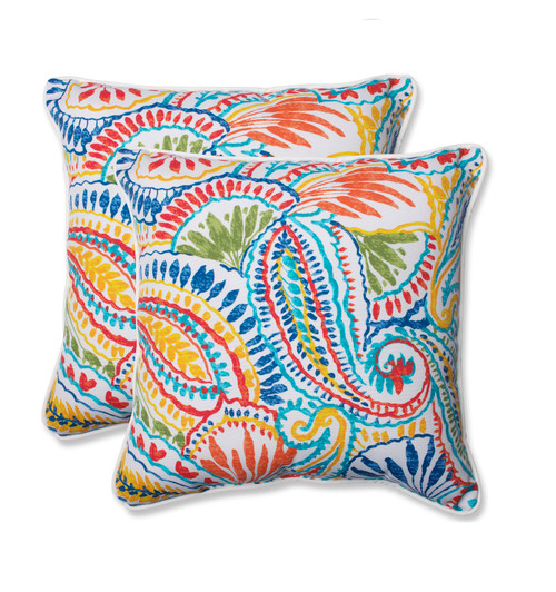 Set of 2 Paisley Blue and Yellow Outdoor Corded Square Throw Pillows 18.5" - IMAGE 1