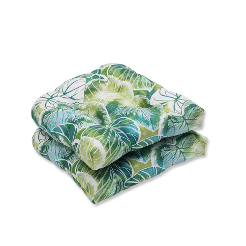 Set of 2 Green and Blue Tropical Tufted Outdoor Patio Seat Cushion with Ties 19" - IMAGE 1