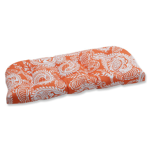 44" Addie Orange and White Paisley Rectangular Outdoor Tufted Wicker Loveseat Cushion - IMAGE 1