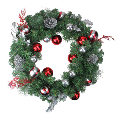 24" Red and Silver Ornaments Artificial Christmas Wreath - Unlit - IMAGE 1