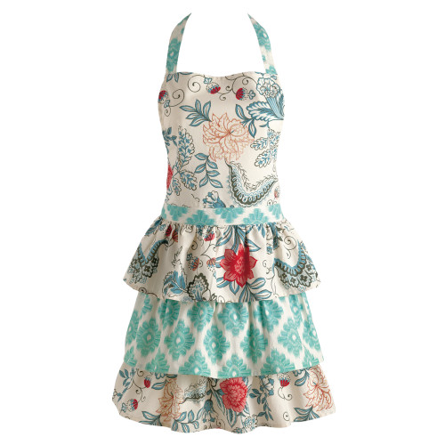 Ikat Flowers Ruffled Vintage-Style Cotton Chef Apron - 40" - Cream and Aqua - IMAGE 1