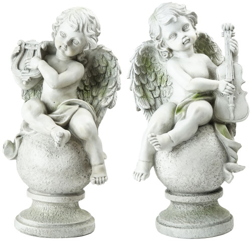 14.75" Set of 2 Cherub Angels with Instruments Sitting on Finials Outdoor Garden Statues - IMAGE 1