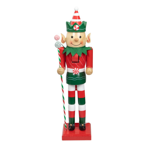 15" Red and Green Traditional Striped Elf Christmas Nutcracker - IMAGE 1
