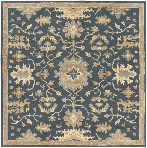 6' x 6' Blue and Beige Floral Pattern Hand-Tufted Square Wool Area Throw Rug - IMAGE 1