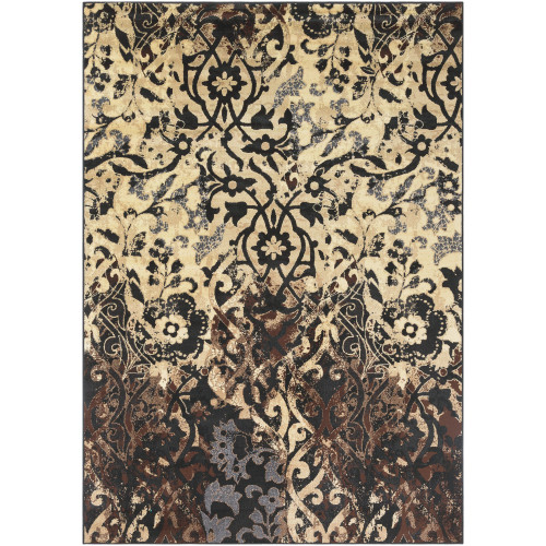 7.75' x 11.15' Gated Floral Coal Black and Coffee Brown Rectangular Area Throw Rug - IMAGE 1