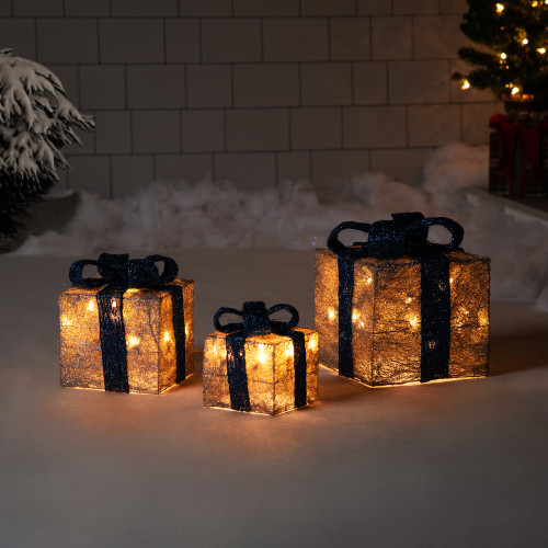 Lighted Gift Boxes Outdoor Christmas Decorations - 10" - Silver and Blue - Set of 3 - IMAGE 1