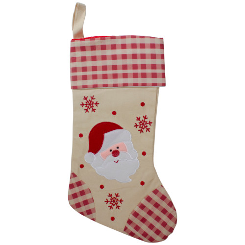 16.5" Red and Ivory Embroidered Santa Claus Christmas Stocking with Gingham Cuff - IMAGE 1