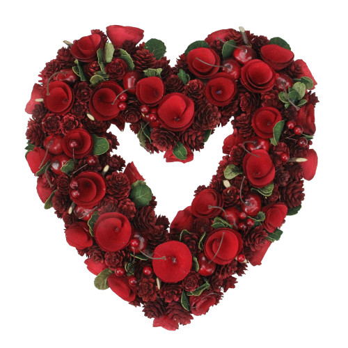 Red Wooden Rose and Cherries Valentine's Day Heart Wreath, 13-Inch, Unlit - IMAGE 1