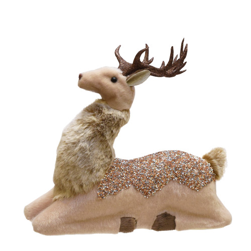 Sparkling Faux Fur Sitting Deer Christmas Figurine - 9.5" - Beige and Brown - IMAGE 1