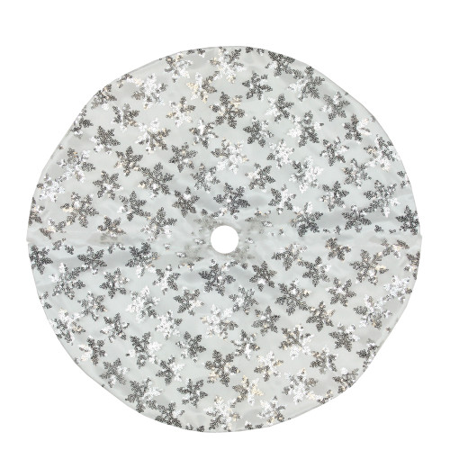 20" White and Silver Sequin Snowflake Mini Christmas Tree Skirt - IMAGE 1