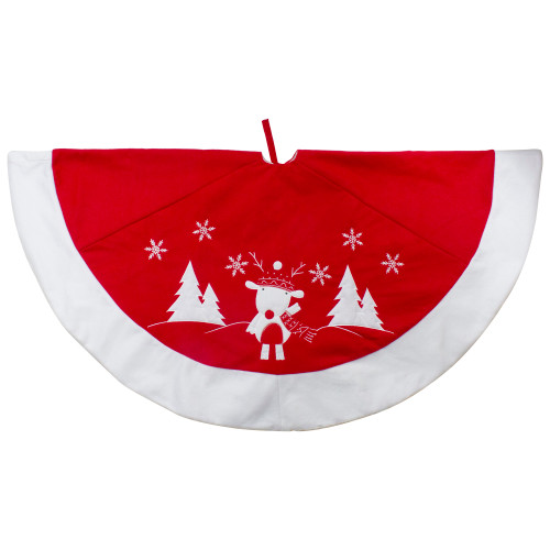 48" Red and White Winter Reindeer Embroidered Christmas Tree Skirt - IMAGE 1