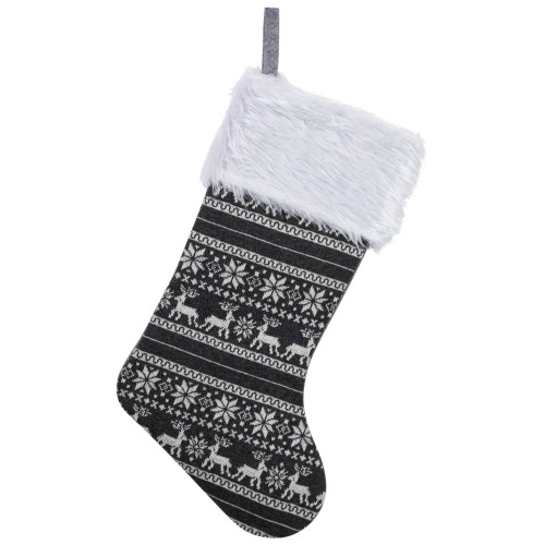 19" Gray and White Reindeer and Snowflake Knit Christmas Stocking with Faux Fur Cuff - IMAGE 1