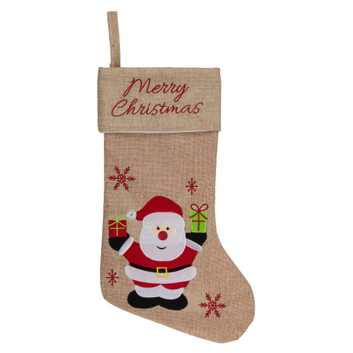 19" Beige and Red Santa Claus Embroidered Christmas Stocking - IMAGE 1