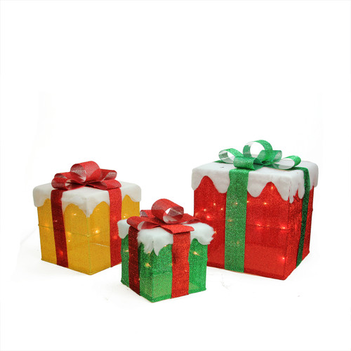 Set of 3 Lighted Gold, Green and Red Gift Boxes Christmas Outdoor Decorations - IMAGE 1