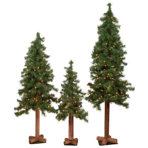 Set of 3 Pre-Lit Woodland Alpine Artificial Christmas Trees 5' - Clear Lights - IMAGE 1
