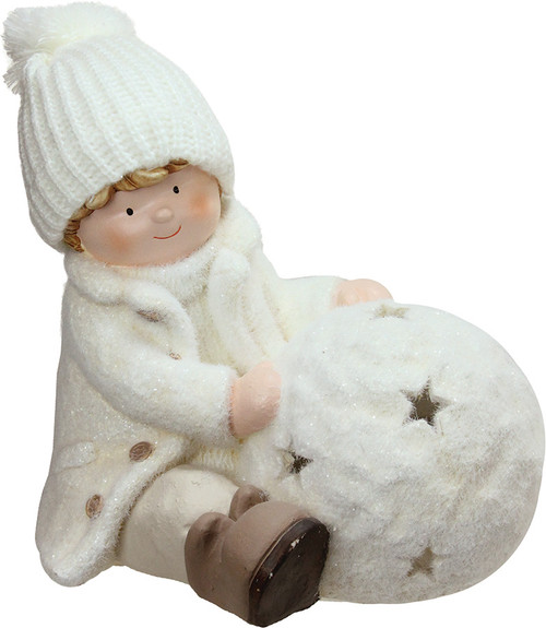 Christmas Snowball with Sitting Boy Tealight Candle Holder - 12.5" - White - IMAGE 1