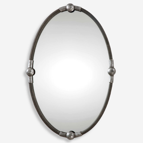 Oval Wall Mirror with Rusted and Burnished Iron Frame - 32" - Black and Silver - IMAGE 1