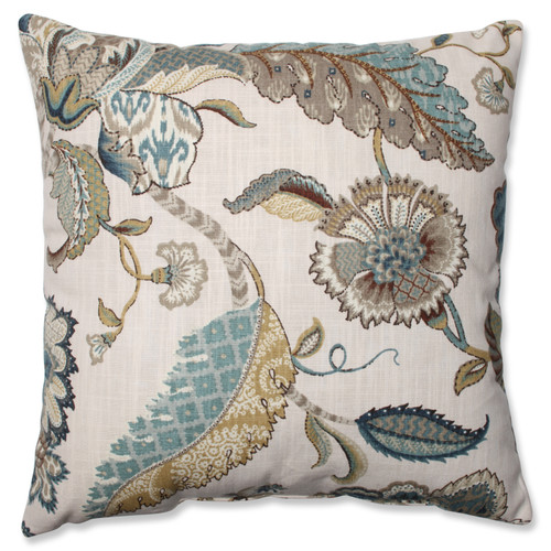 16.5" Blue and Beige Floral Square Throw Pillow - IMAGE 1