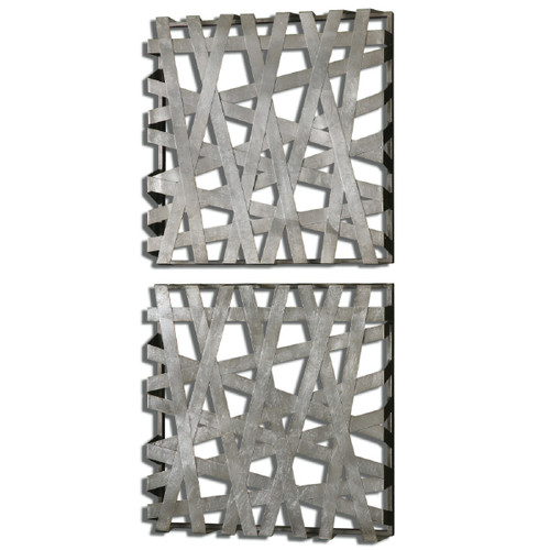 Set of 2 Silver Hand-Forged Metal Band Square Wall Art Panel 20.75" - IMAGE 1