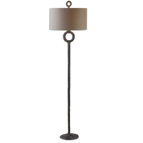 Hammered Cast Iron Rustic Floor Lamp with Beige Drum Shade - 66.25" - IMAGE 1
