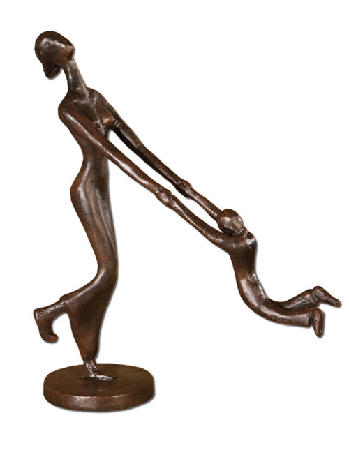 11" Antiqued Chestnut Finish Mother and Child At Play Sculpture - IMAGE 1