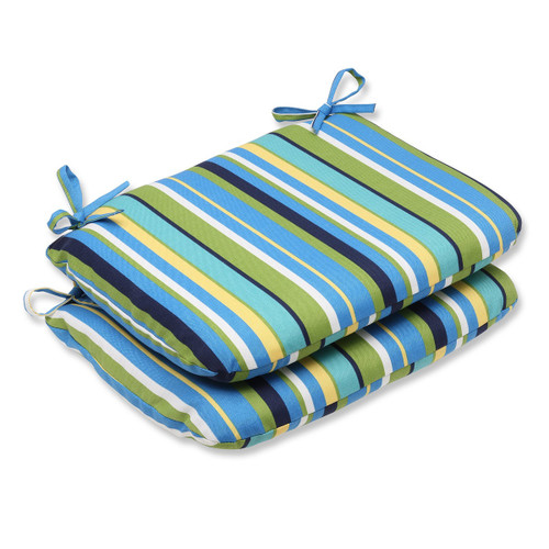 Set of 2 Strisce Luminose Blue and Green Striped Outdoor Patio Rounded Seat Cushions 18.5" - IMAGE 1