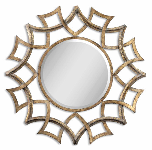 3.25' Antique Gold and Gray Glaze Framed Beveled Round Wall Mirror - IMAGE 1