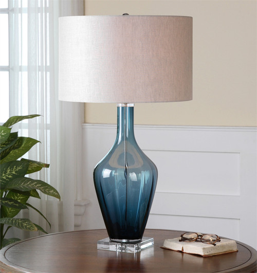 Translucent Table Lamp with Hardback Drum Shade - 29" - Blue and Beige - IMAGE 1