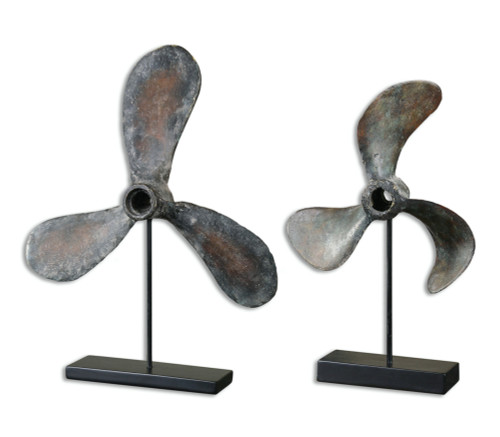 Set of 2 Contemporary Nautical Style Rustic Boat Propeller Sculptures on Black Bases 21" - IMAGE 1