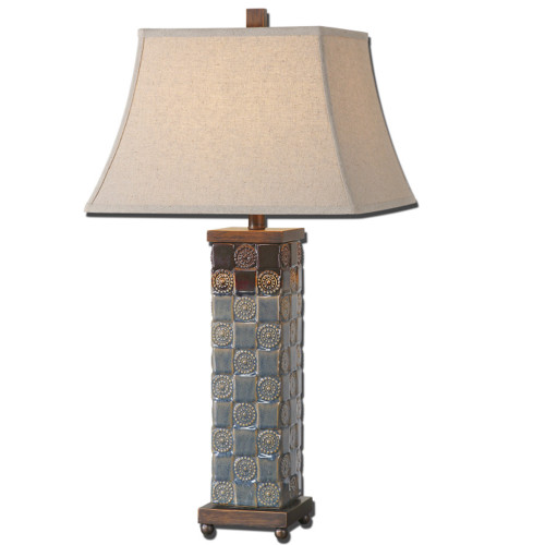 31" Beige and Blue Table Lamp with Hardback Shade - IMAGE 1