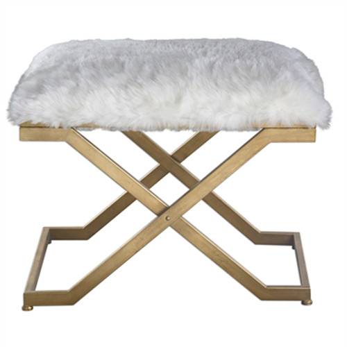 24" White and Gold Faux Fur Cushioned Stool with Metal Base - IMAGE 1