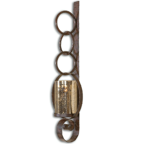 3.25' Brown Distressed-Finish Iron Wall Sconce with Mercury Glass Hurricane - IMAGE 1