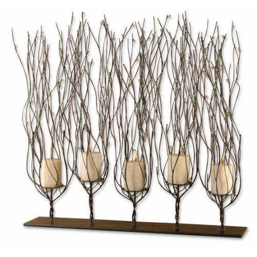 31" Beige Striking Modern Candle Holder with Distressed Candles and Bead Accents - IMAGE 1