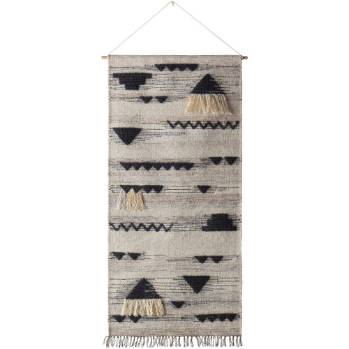 60" x 30" Black and Cream White Hand Woven Wool Hanging Wall Tapestry - IMAGE 1