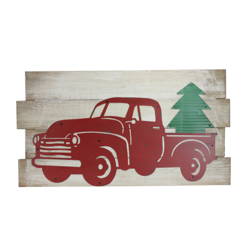 28" Rustic Wood and Metal Red Truck Carrying Tree Wall Art - IMAGE 1