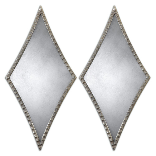 Set of 2 Gaston Diamond-Shaped Wall Mirrors with Oxidized Silver Scalloped Frames - IMAGE 1