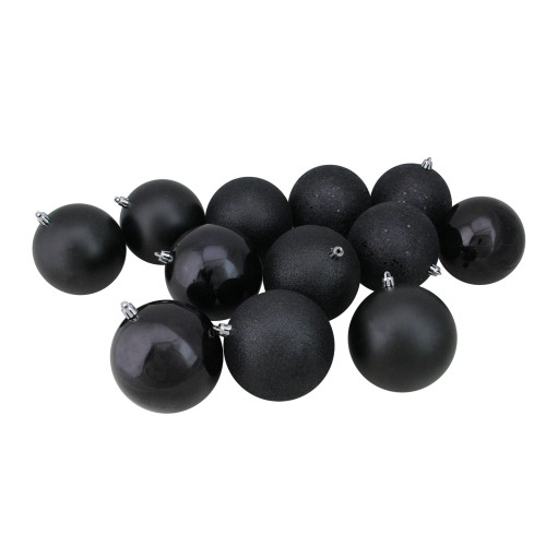 12ct Black Shatterproof 4-Finish Christmas Ball Ornaments 4" (100mm) - IMAGE 1