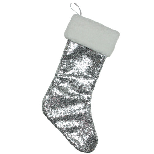 18" Silver Sequins With a White Faux Fur Trim Christmas Stocking - IMAGE 1