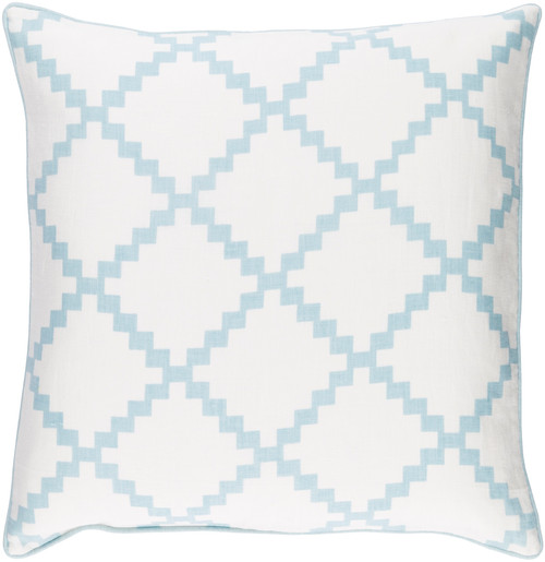 18" White and Aqua Blue Woven Square Throw Pillow - Down Filler - IMAGE 1