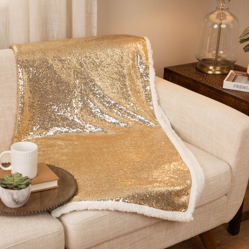 Shimmering Sequins with Fleece Christmas Throw Blanket - 49" x 67" - Gold and White - IMAGE 1