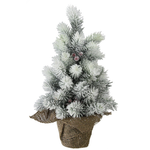15" Slim Flocked Mini Pine Christmas Tree with Berries in Burlap Covered Vase - Unlit - IMAGE 1