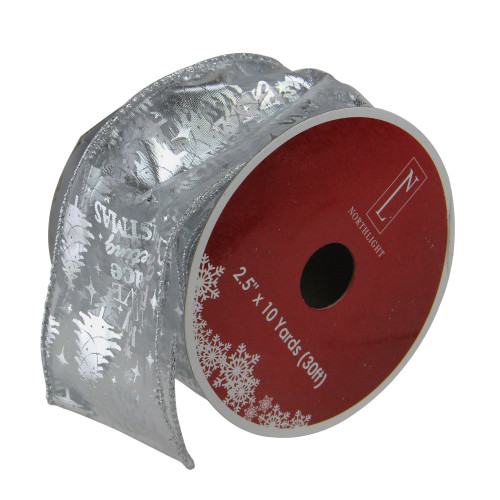 Club Pack of 12 Silver Wired Christmas Words Craft Ribbon Spools 2.5" x 120 Yards Total - IMAGE 1