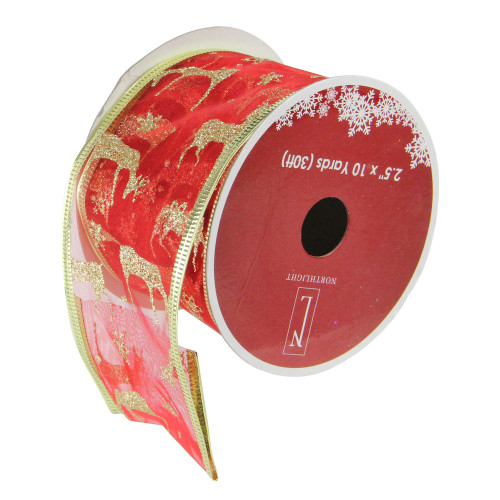 Club Pack of 12 Red and Gold Reindeer Wired Christmas Craft Ribbon 2.5" x 120 Yards - IMAGE 1
