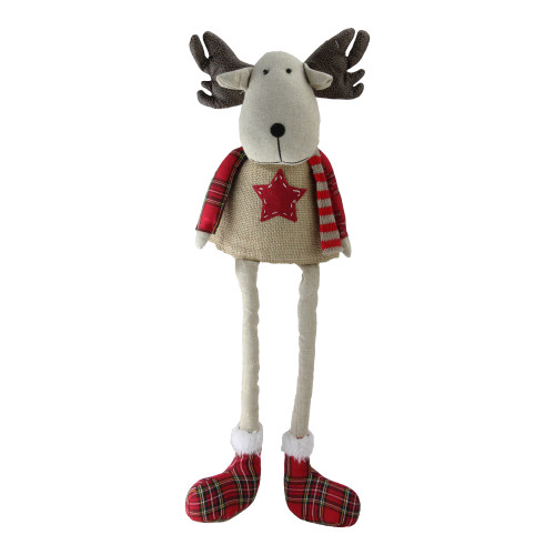 14.75" Red and White Plaid Elk Sitting with Dangling Legs Tabletop Decoration - IMAGE 1