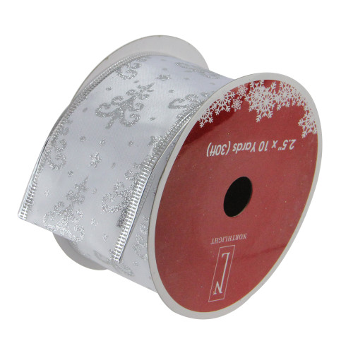 Pack of 12 Pearl White and Silver Glitter Trees Wired Christmas Craft Ribbon Spools - 2.5" x 120 Yards Total - IMAGE 1